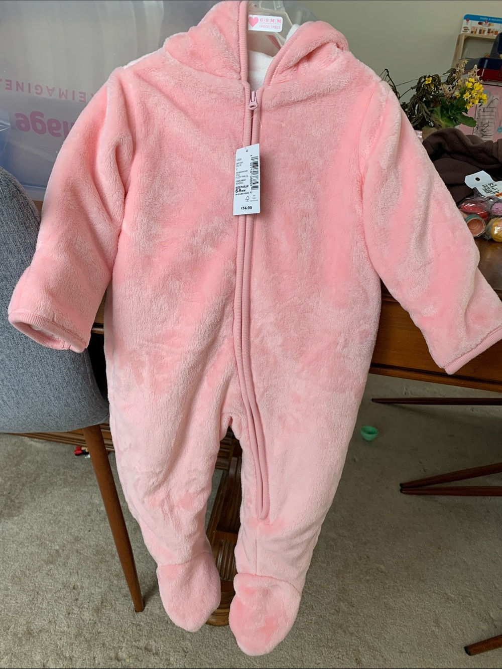 NWT The Children's Place Plush Light Pink Hooded Footed One-Piece